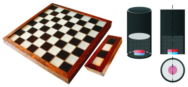 Rys. 3. Szachownica główna i szachownica boczna oraz konstrukcja bierek zawierających magnesy