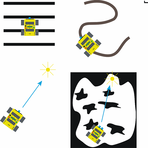 Rys. 1. Zestaw ćwiczeń realizowanych w ramach zajęć ze studentami: od lewej w górnym rzędzie: zatrzymanie robota po przekroczeniu wskazanej liczby linii, ruch po wijącej się linii, dojazd do wyznaczonego punktu z omijaniem przeszkód, dojazd do źródła światła, dojazd do źródła światła z omijaniem plam (2 czujniki światła), ruch po krzywej parametrycznej (np. spirala)